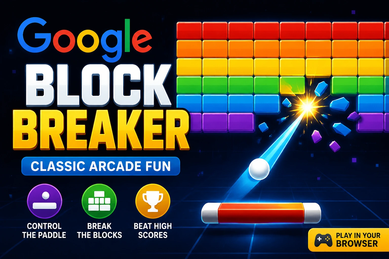 Google Block Breaker game featuring colorful blocks, paddle, and arcade gameplay tutorial