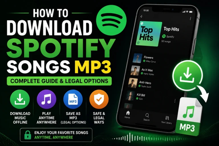 Download Spotify songs MP3 feature image with smartphone, playlist, download icon, and legal offline listening concept