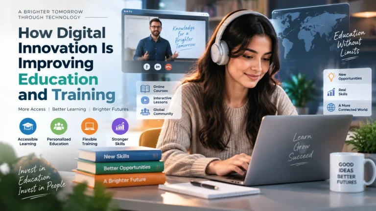 Digital innovation in education featuring online learning technology, virtual classrooms, personalized training, and modern educational tools