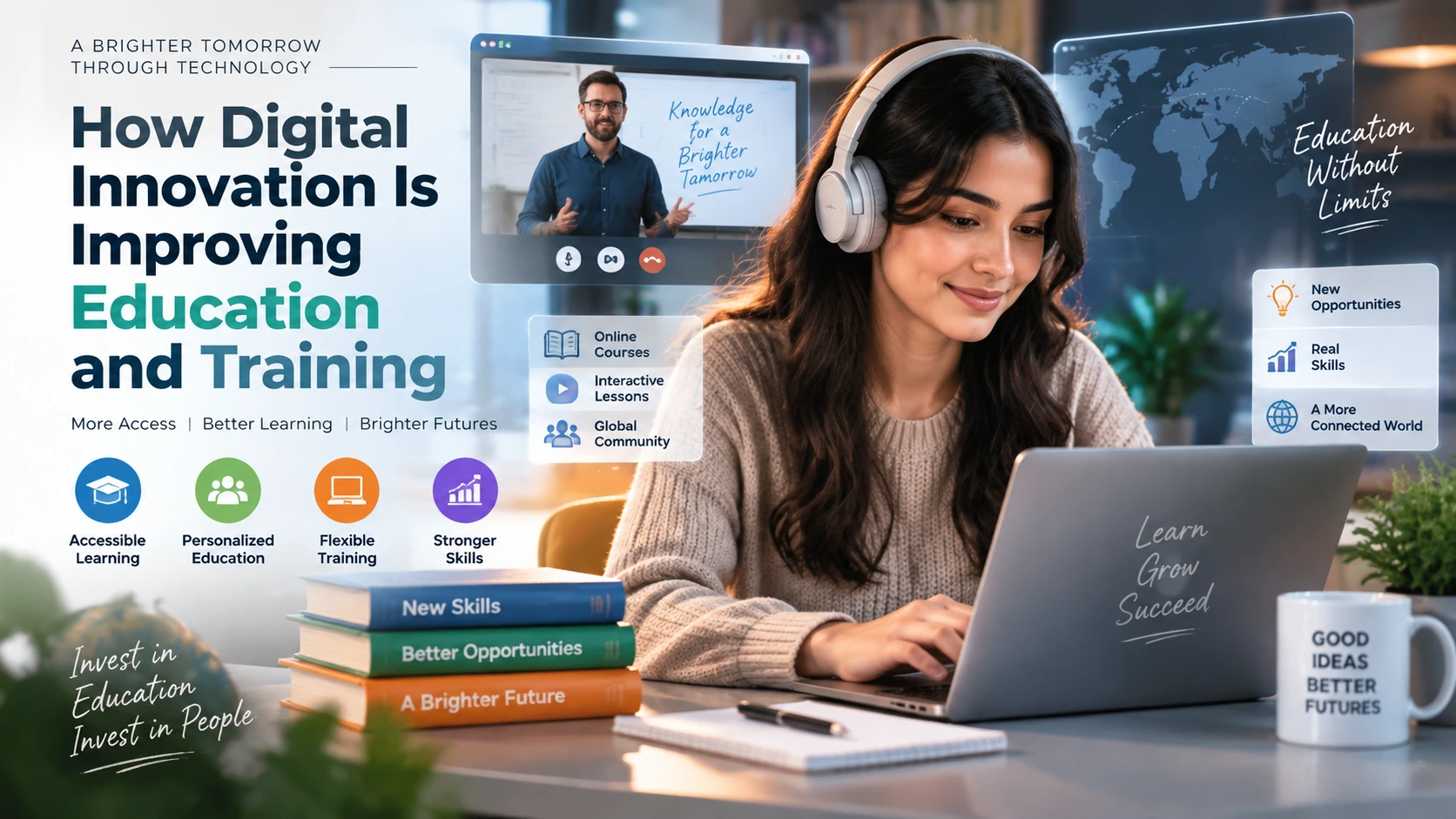 Digital innovation in education featuring online learning technology, virtual classrooms, personalized training, and modern educational tools