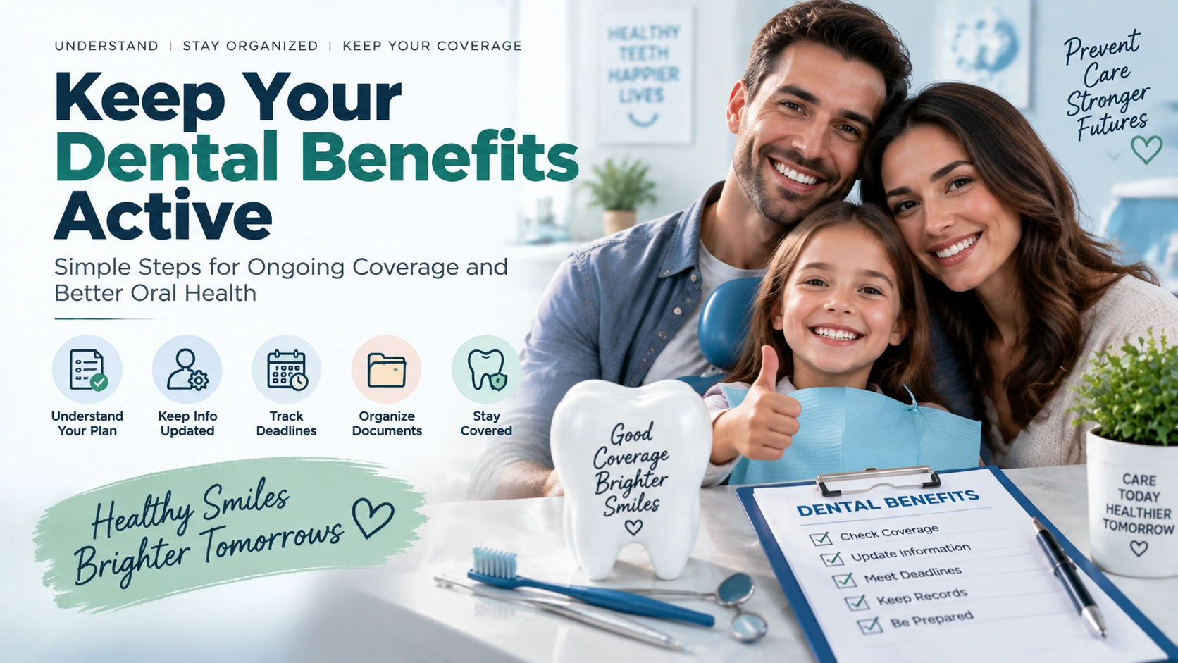 Dental benefits featured image showing family dental care, coverage checklist, benefit management, and oral health planning