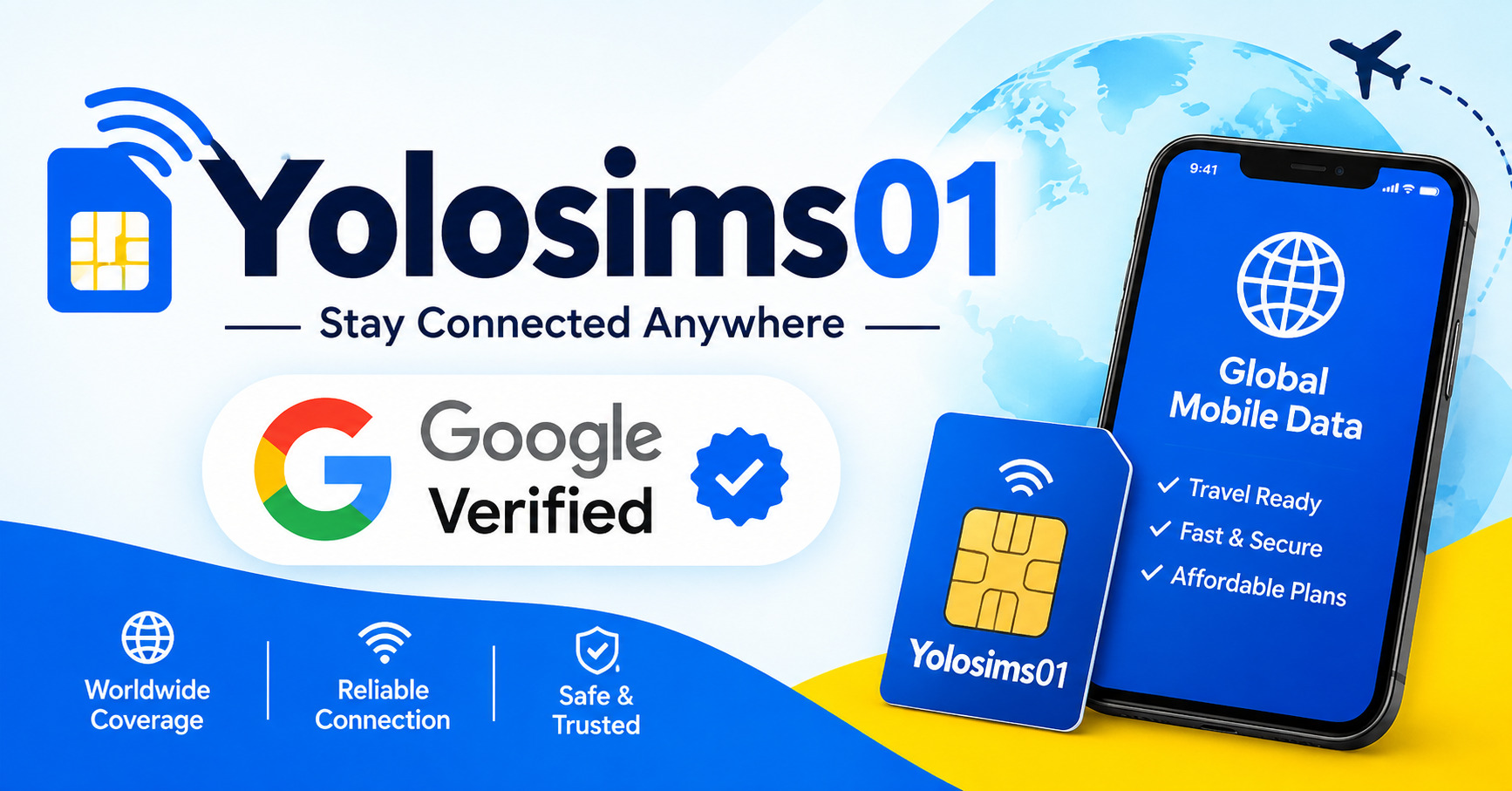 Yolosims01 eSIM with smartphone showing global mobile data and worldwide travel connectivity